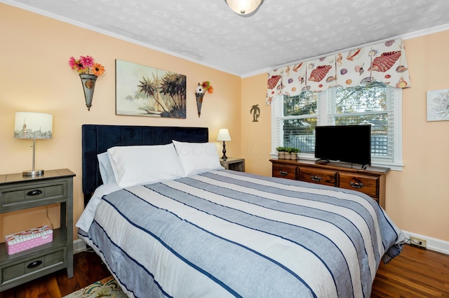 bedroom with crown molding, dark hardwood / wood-style floors, and a textured ceiling