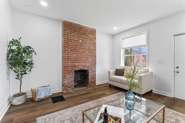 living room featuring dark wood-type flooring and a fireplace