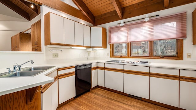 kitchen featuring white cabinetry, dishwasher, gas cooktop, and lofted ceiling with beams