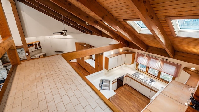 unfurnished living room with a healthy amount of sunlight, lofted ceiling with skylight, sink, and wooden ceiling