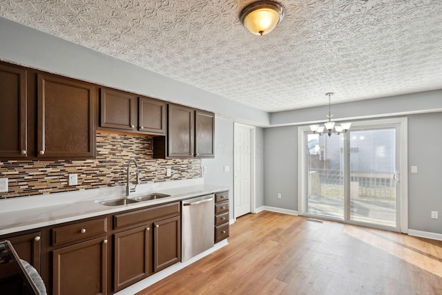 kitchen featuring pendant lighting, sink, tasteful backsplash, light hardwood / wood-style floors, and stainless steel dishwasher