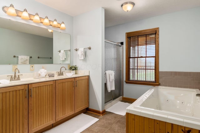 bathroom with vanity and plus walk in shower