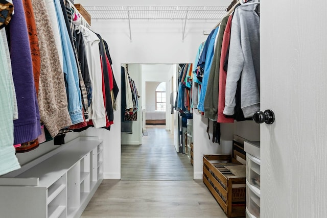 walk in closet with light hardwood / wood-style flooring