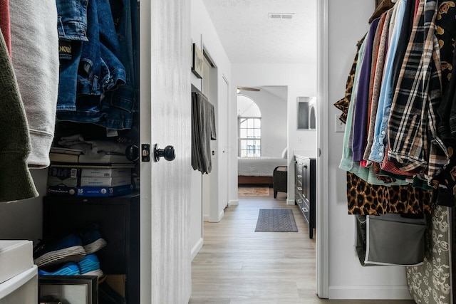 spacious closet with light hardwood / wood-style flooring