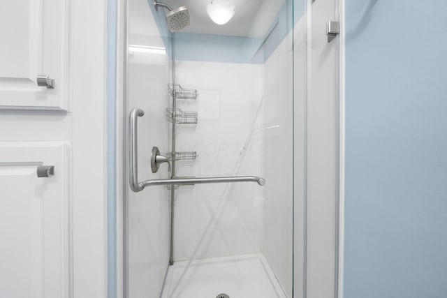 bathroom featuring a shower with door