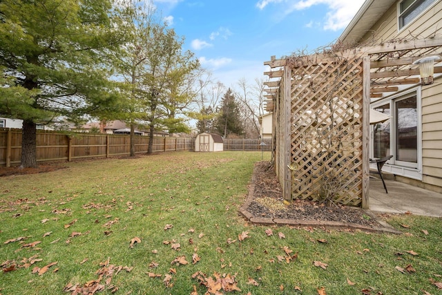 view of yard with a storage shed and a patio