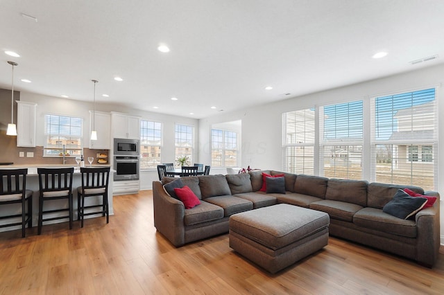 living room featuring sink and light hardwood / wood-style flooring