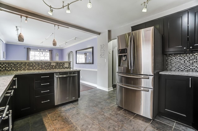 kitchen with tasteful backsplash, light stone counters, ornamental molding, and stainless steel appliances