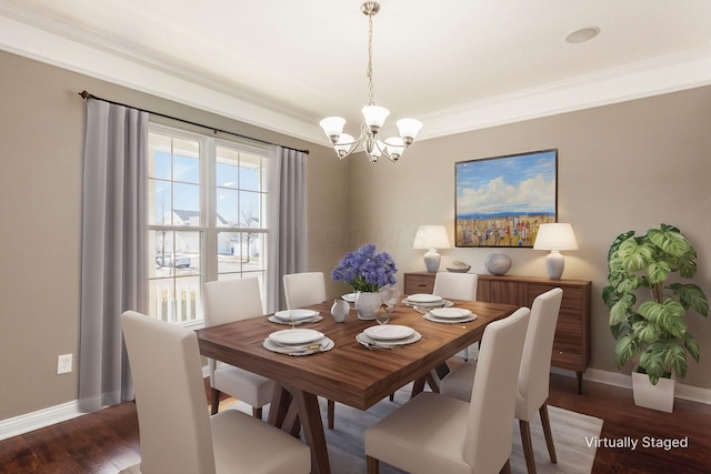 dining room featuring an inviting chandelier, baseboards, dark wood-style flooring, and ornamental molding