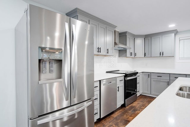 4874 Ridge St, Columbus, OH 43207 - kitchen with gray cabinets, appliances with stainless steel finishes, dark hardwood / wood-style floors, decorative backsplash, and wall chimney range hood