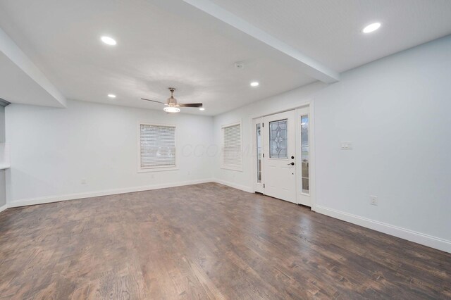 4874 Ridge St, Columbus, OH 43207 - interior space featuring dark wood-type flooring, beamed ceiling, and ceiling fan