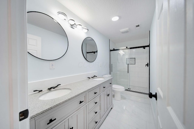 4874 Ridge St, Columbus, OH 43207 - bathroom with vanity, a shower with shower door, a textured ceiling, and toilet