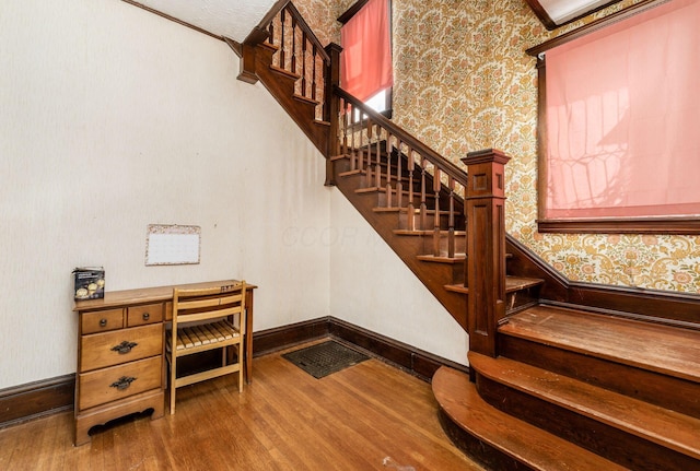 stairway featuring wood-type flooring