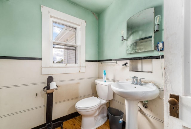 bathroom with hardwood / wood-style flooring and toilet