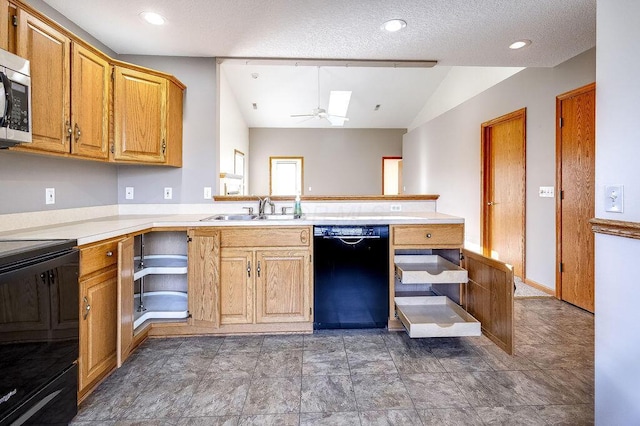 kitchen featuring lofted ceiling, sink, ceiling fan, range, and black dishwasher