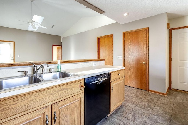 kitchen featuring lofted ceiling, sink, light brown cabinets, black dishwasher, and ceiling fan