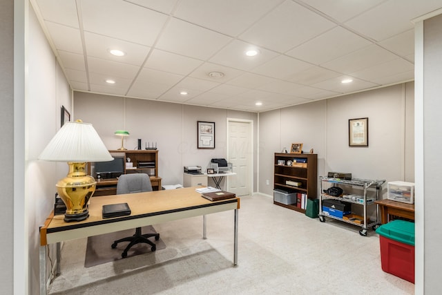 office area featuring recessed lighting and a paneled ceiling