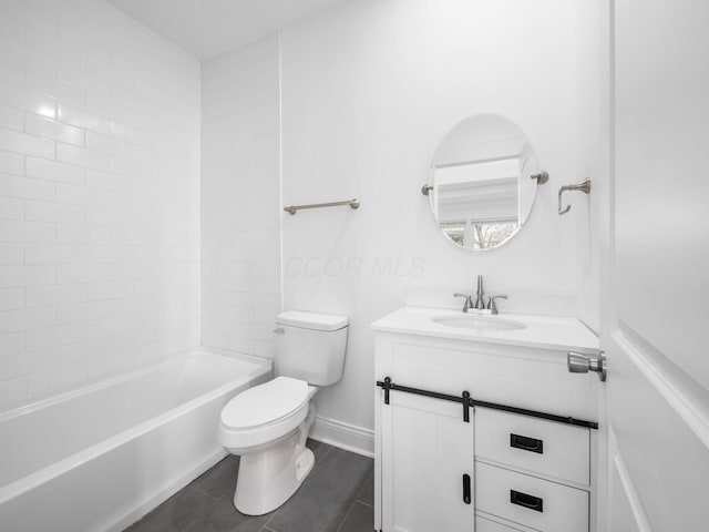 full bathroom with vanity, bathing tub / shower combination, tile patterned floors, and toilet