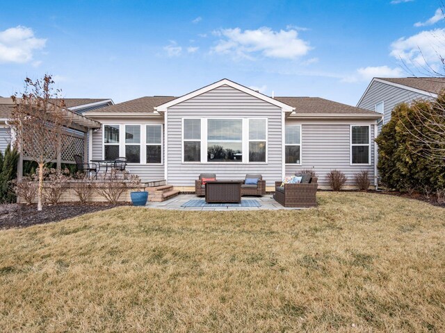 back of property featuring roof with shingles, a yard, a patio, an outdoor hangout area, and a pergola