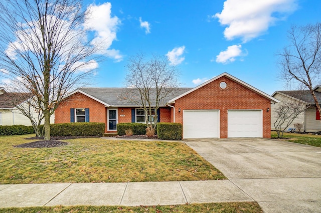 ranch-style house with a garage, concrete driveway, brick siding, and a front lawn