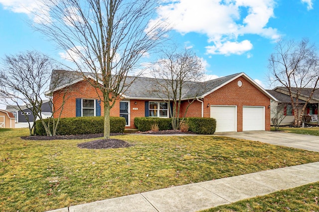 ranch-style house with a front yard, brick siding, driveway, and an attached garage