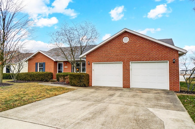 single story home featuring a front lawn, brick siding, driveway, and an attached garage