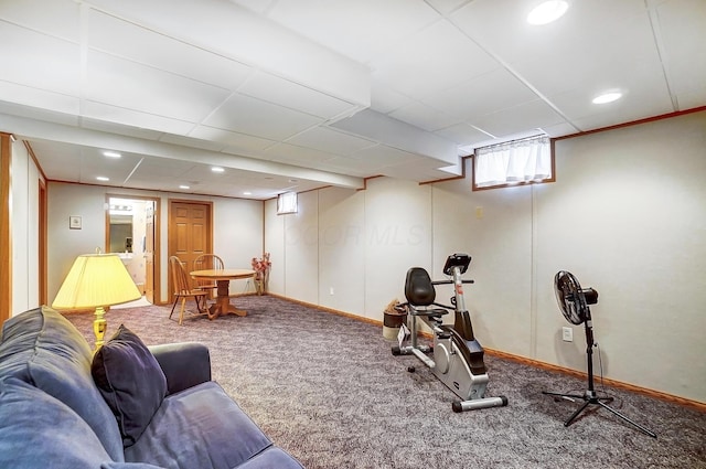 exercise area with recessed lighting, carpet flooring, a drop ceiling, and baseboards