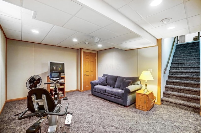 exercise area with carpet, baseboards, a drop ceiling, and recessed lighting