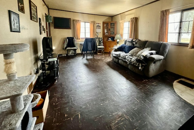 living room with crown molding