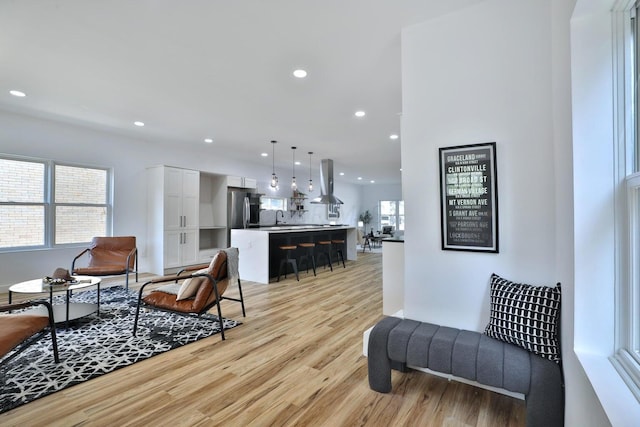 living room featuring sink and light hardwood / wood-style flooring