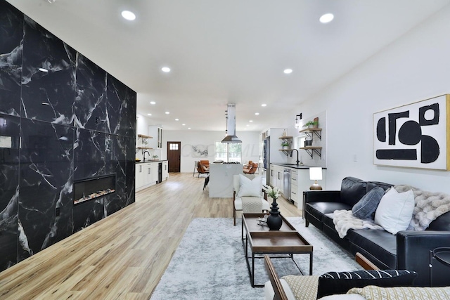 living room featuring a premium fireplace, sink, and light hardwood / wood-style floors