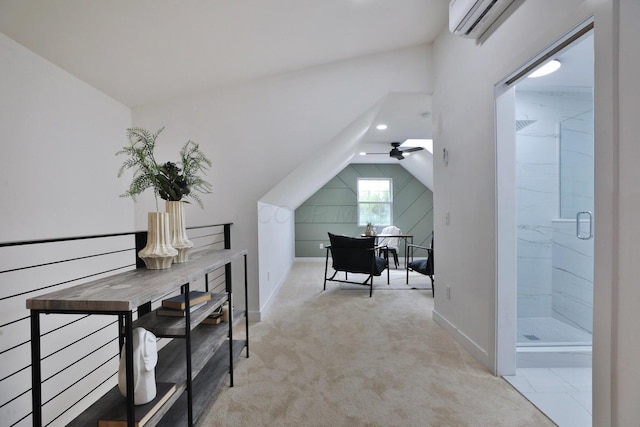 carpeted home office with vaulted ceiling, an AC wall unit, and ceiling fan