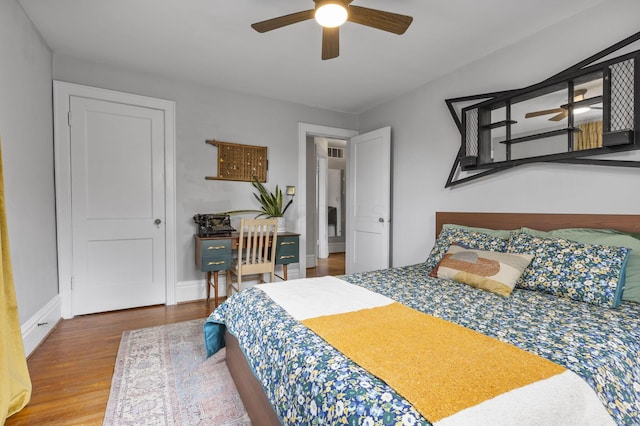 bedroom with ceiling fan and wood-type flooring