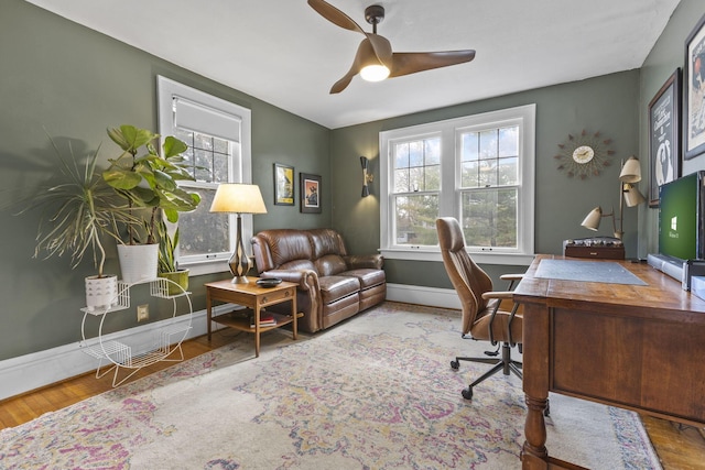 home office featuring hardwood / wood-style floors and ceiling fan