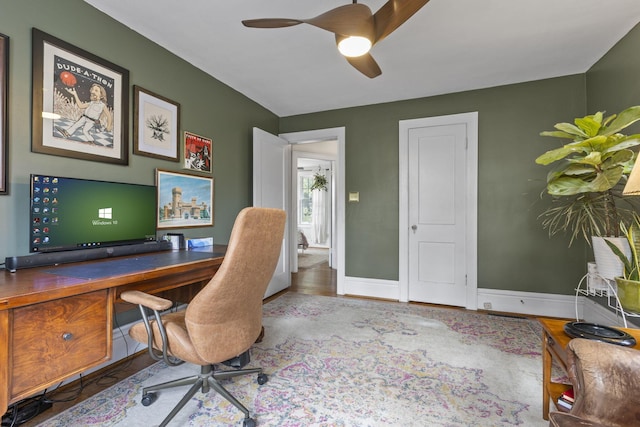 office featuring hardwood / wood-style flooring and ceiling fan