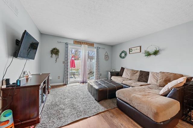 living room featuring hardwood / wood-style floors and a textured ceiling