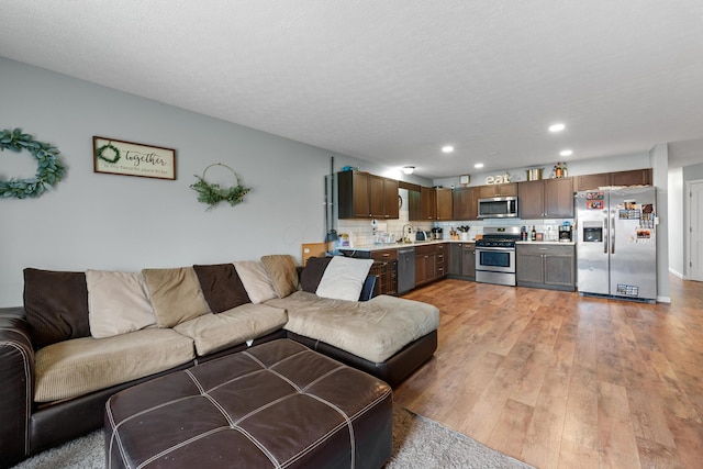 living room featuring sink, a textured ceiling, and light hardwood / wood-style flooring