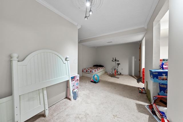 carpeted bedroom with crown molding and a textured ceiling