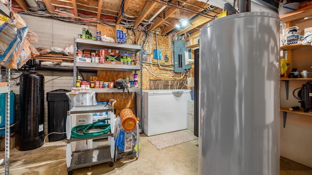 basement with fridge and electric panel