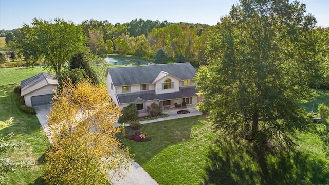 bird's eye view with a water view