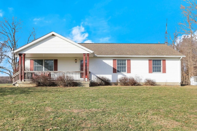 single story home with a porch and a front yard