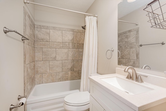 full bath featuring shower / bathtub combination with curtain, vanity, and toilet
