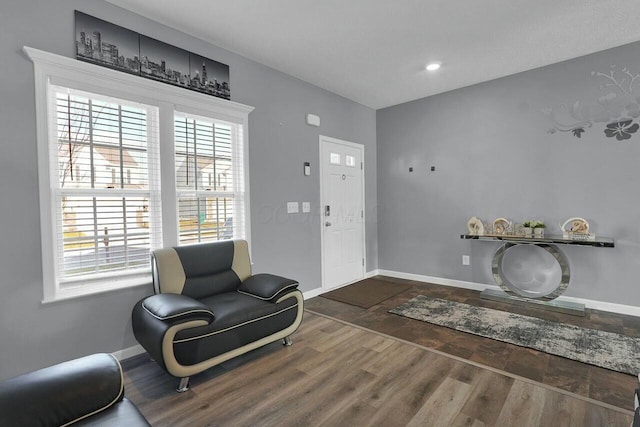 sitting room featuring dark hardwood / wood-style floors and a healthy amount of sunlight