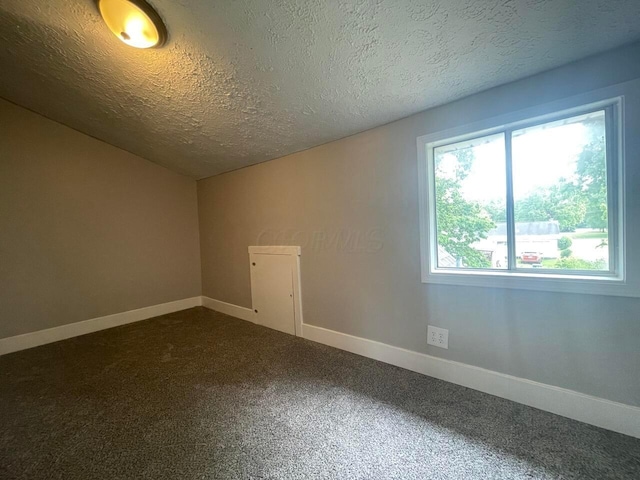 additional living space featuring dark carpet, vaulted ceiling, and a textured ceiling