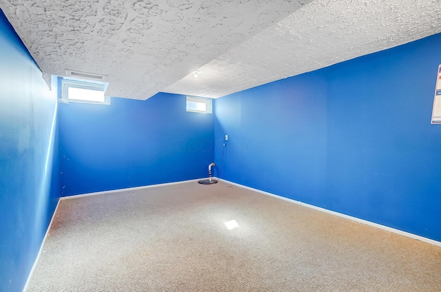 basement with carpet and a textured ceiling