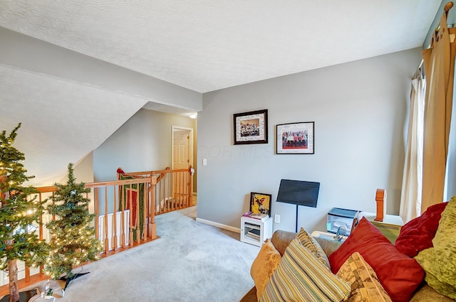 sitting room with light colored carpet and a textured ceiling