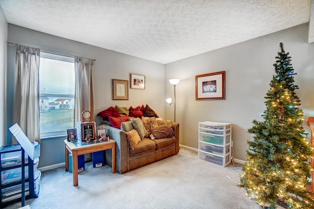 carpeted living room with a textured ceiling