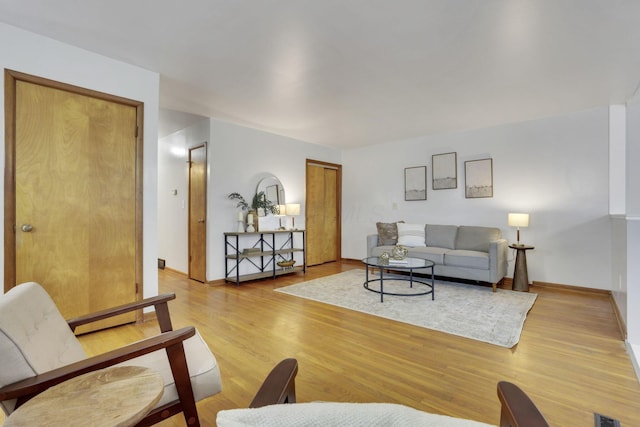 living room with a baseboard heating unit and light hardwood / wood-style flooring