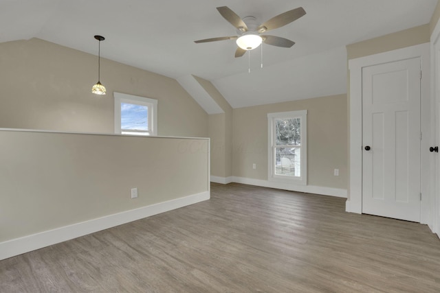 additional living space featuring lofted ceiling, a healthy amount of sunlight, and hardwood / wood-style floors