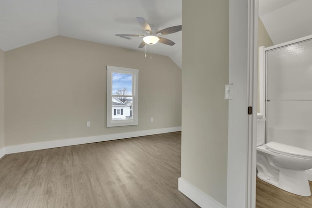 bonus room with vaulted ceiling, ceiling fan, and light hardwood / wood-style flooring